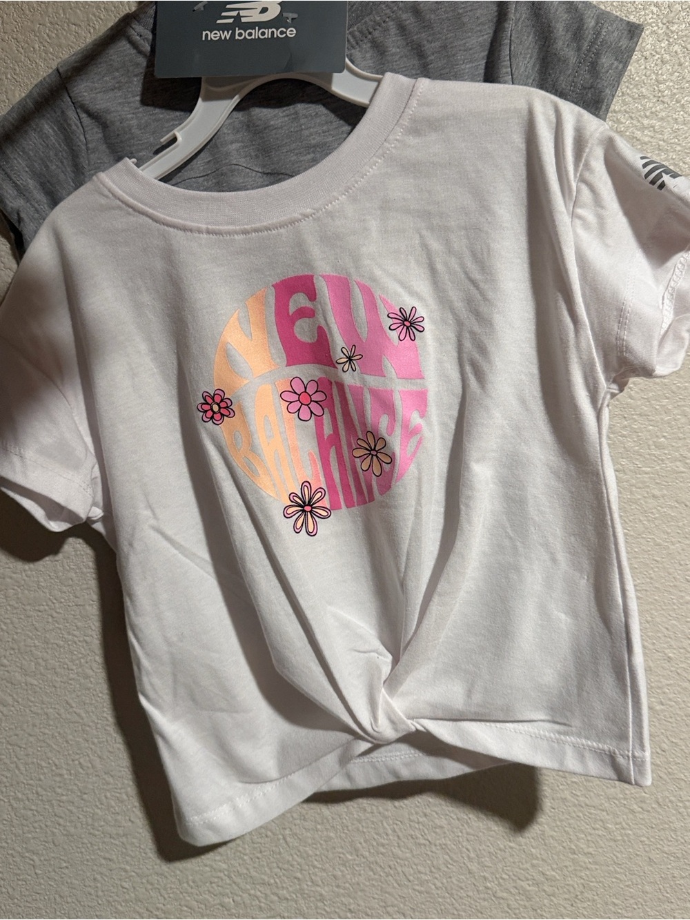 New Balance White Girls' Graphic Tie-Front Tee with Pink & Peach Accents